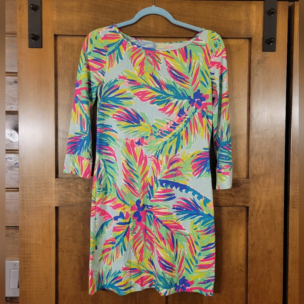 Lilly Pulitzer mini tropical florial neon dress with 3/4 length sleeves Size XS